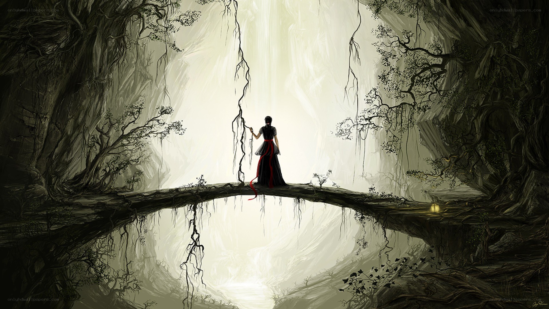 woman on a tree bridge