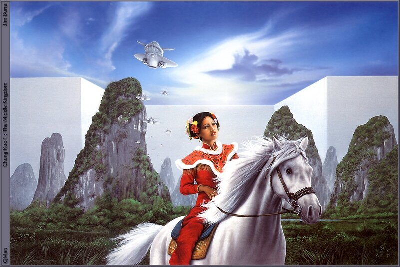 Woman on a white horse in fantasy landscape
