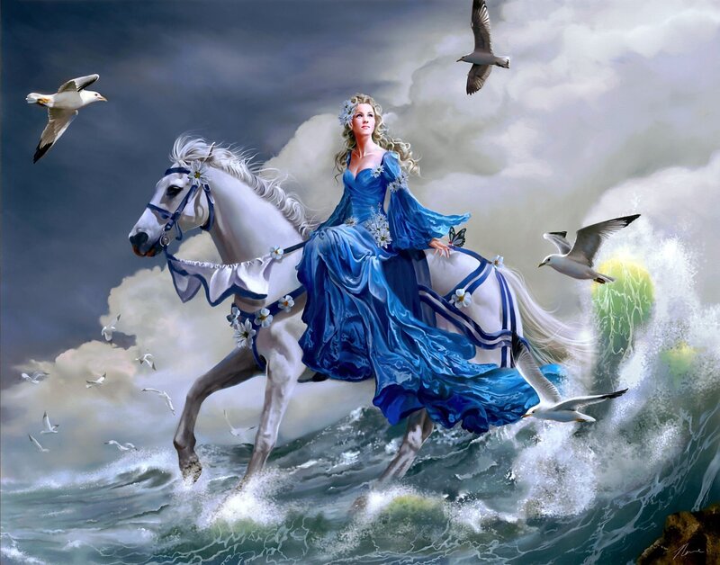 Woman on a white horse in the sea
