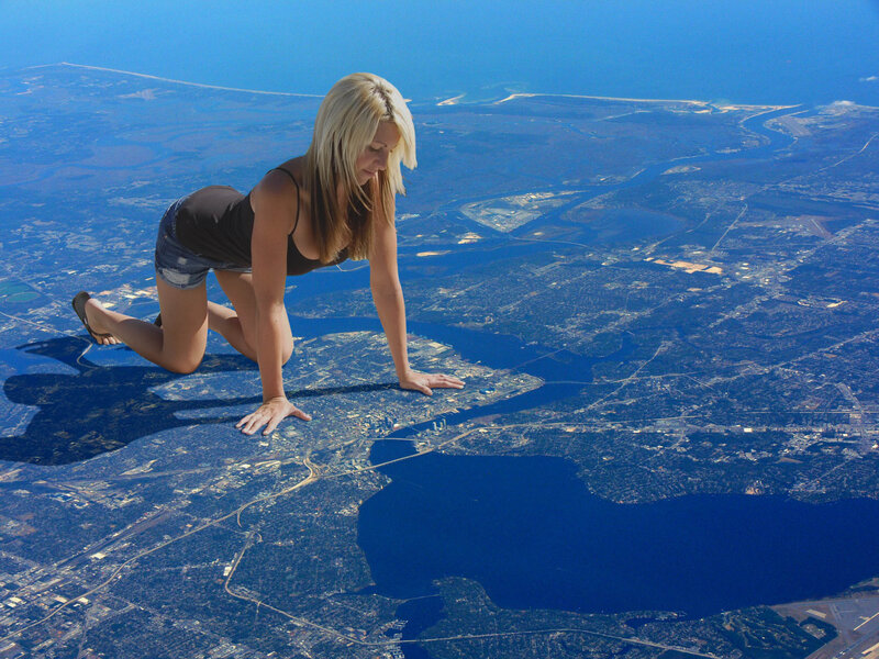 woman on aerial cityscape