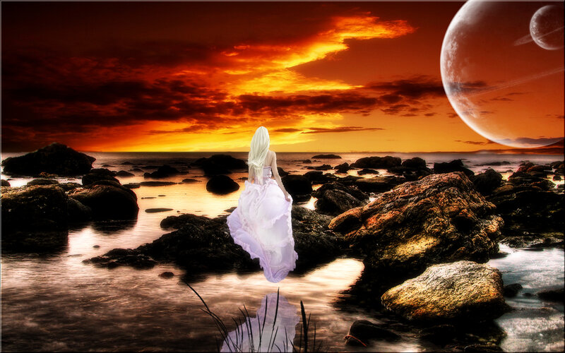 woman on alien shore at sunset