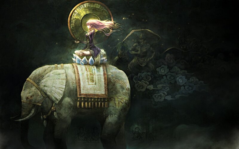 woman on an elephant with a golden disc
