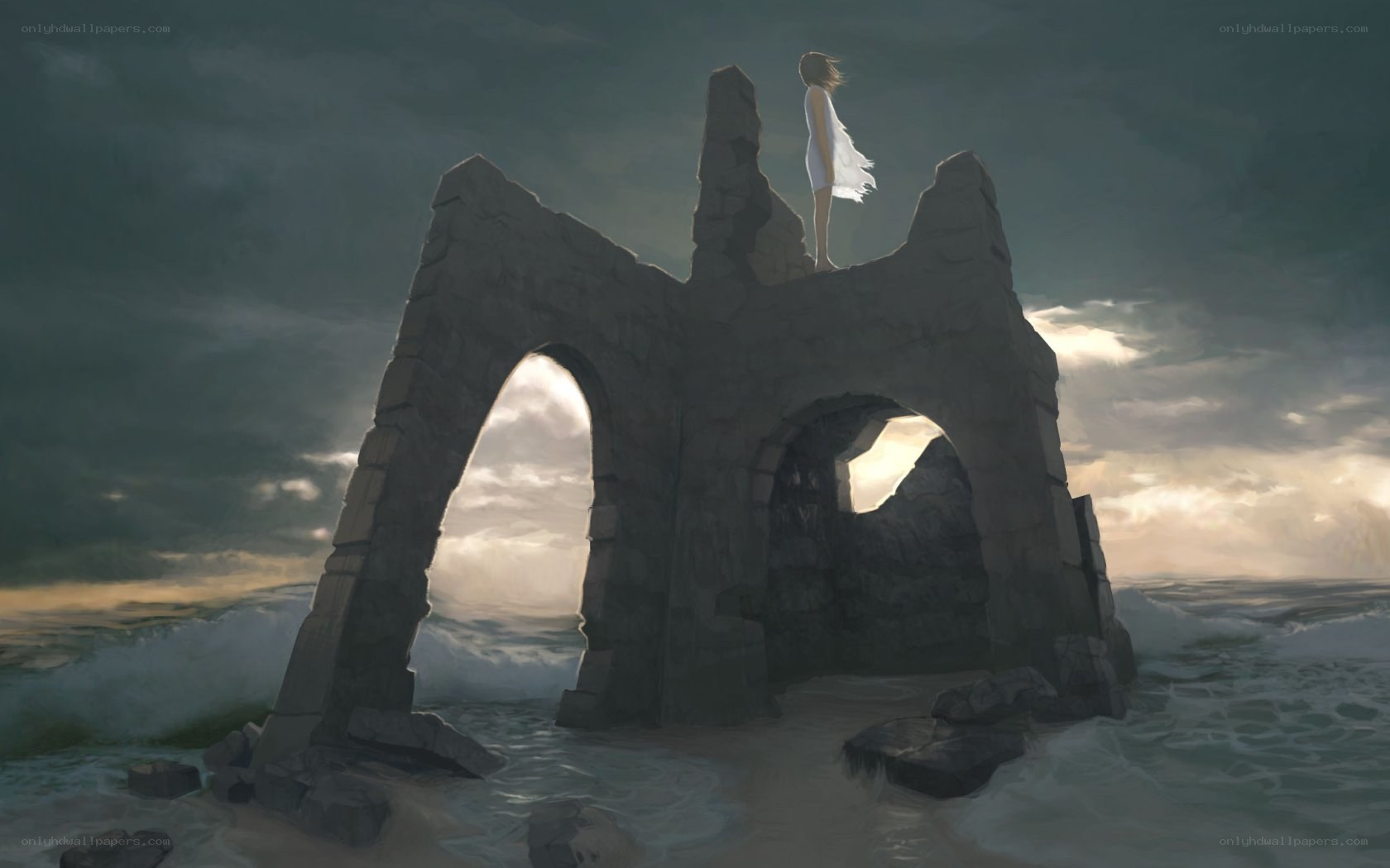 woman on ancient ruin