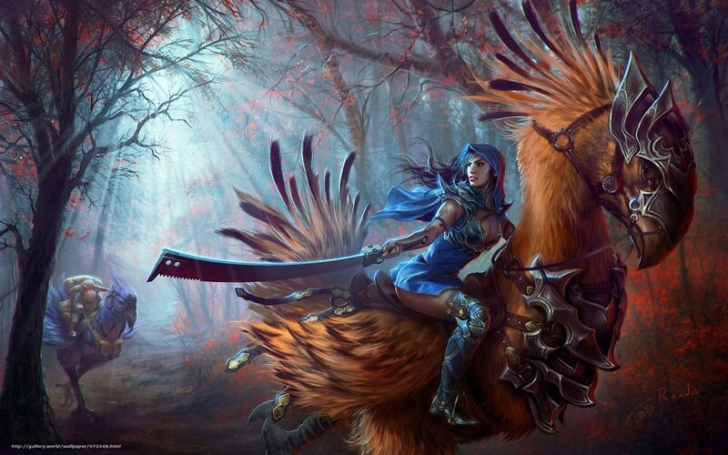 Woman on Armored Horse — Blue, Dramatic, Autumn, Digital Art