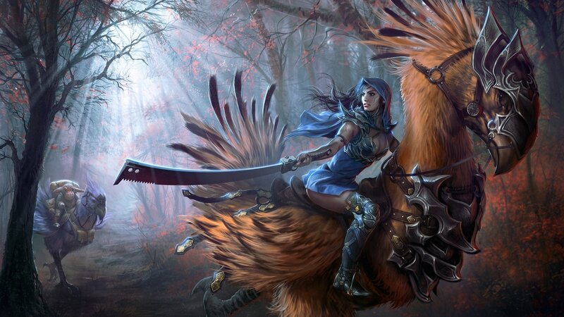 Woman on Armored Horse — Blue, Dramatic, Autumn