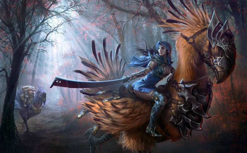 Woman on Armored Horse — Blue, Dramatic