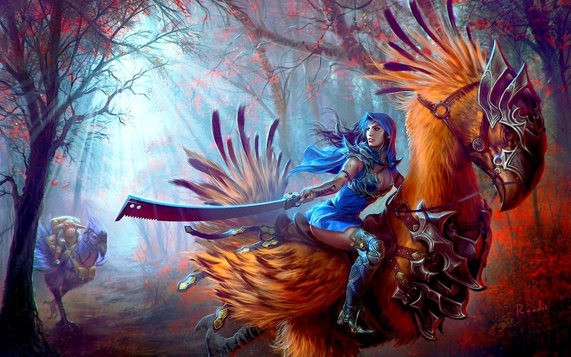 Woman on Armored Horse — Blue