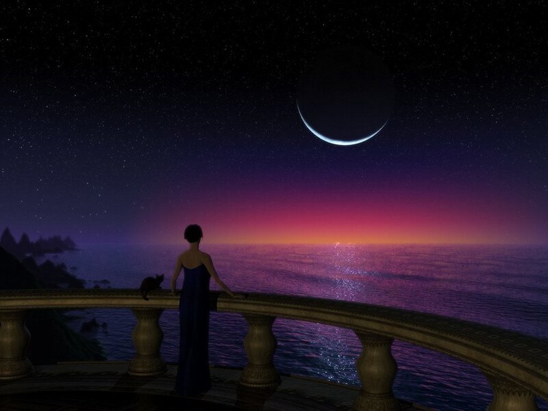 Woman on balcony at night