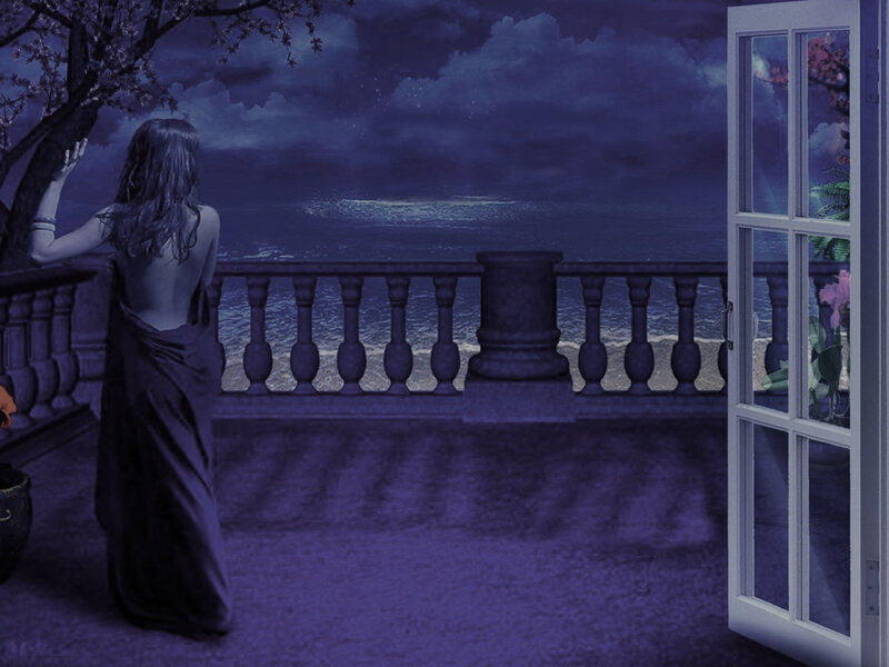 woman on balcony at night