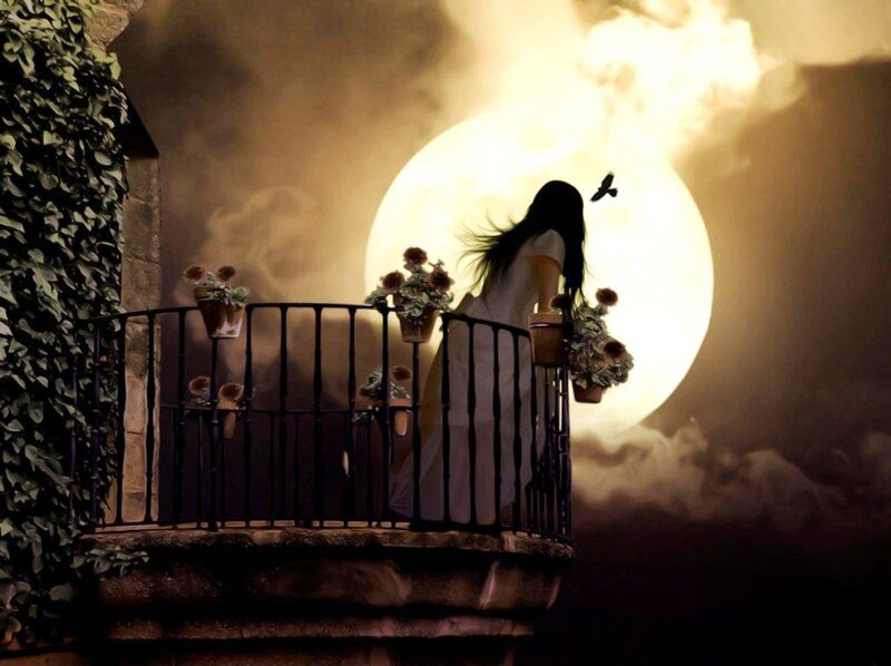 Woman on Balcony at Night — Black, Dramatic