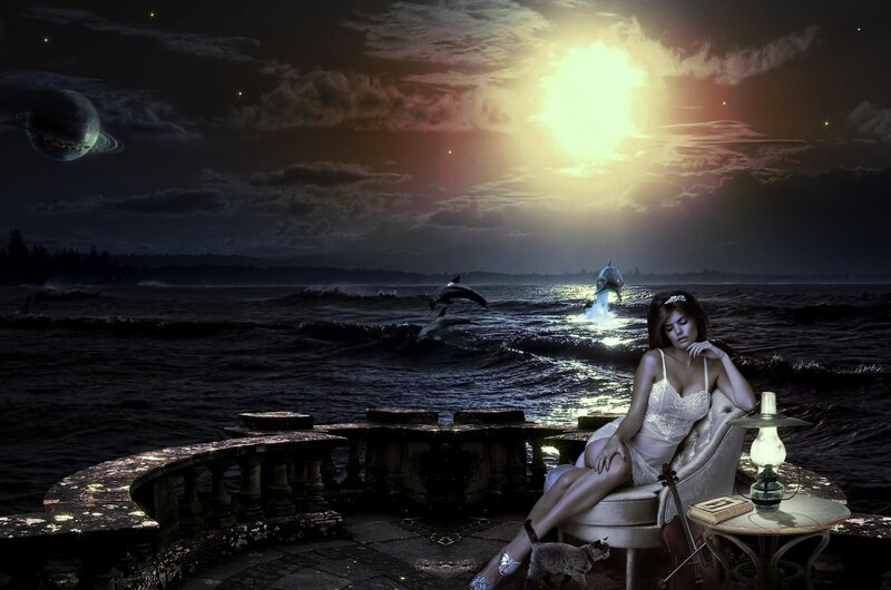 Woman on Balcony at Night — Black, Dreamy, Digital Art