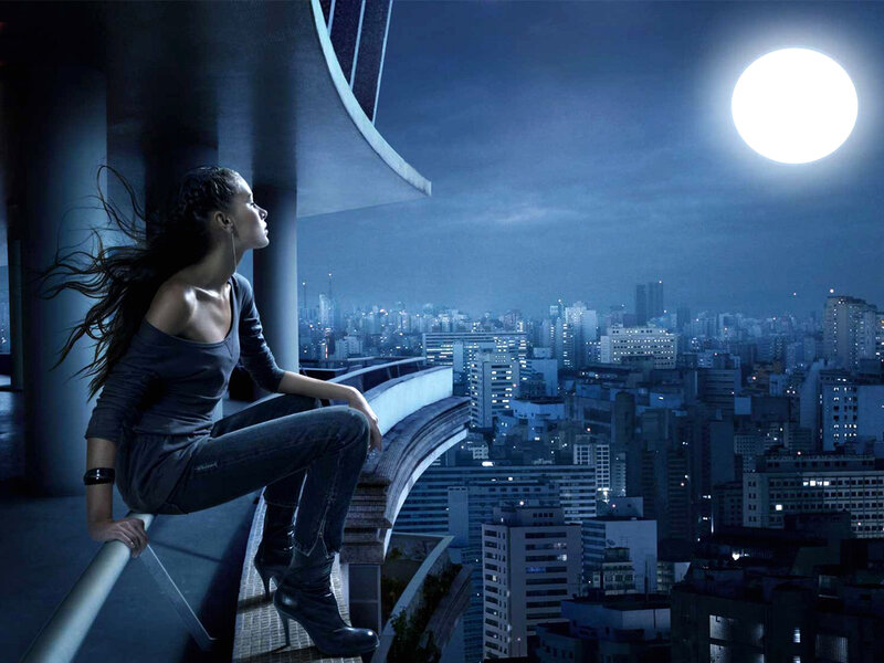 Woman on Balcony at Night — Blue, Dramatic