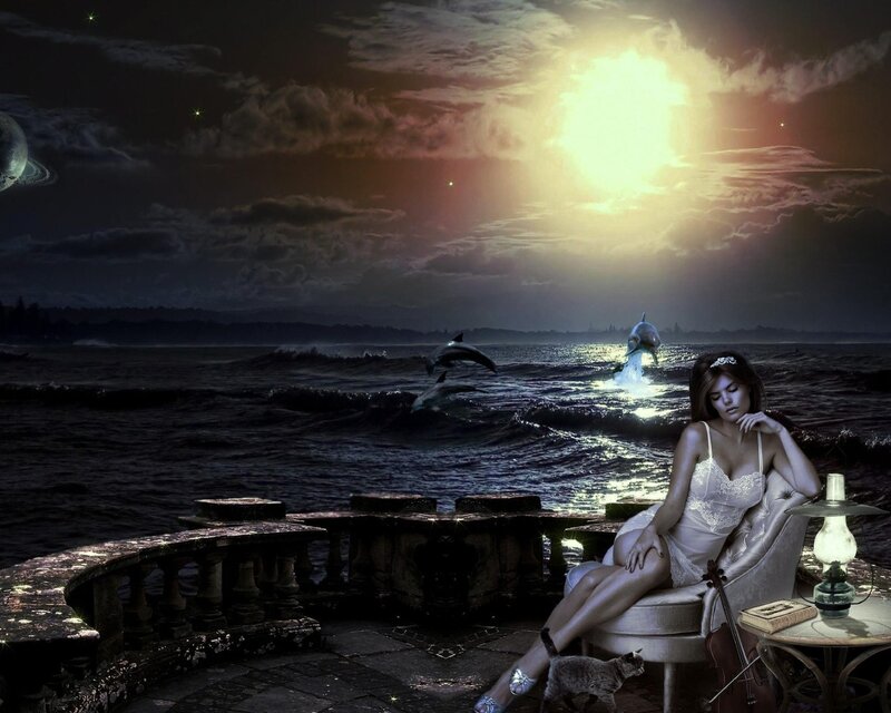 Woman on Balcony at Night — Dark Blue, Dreamy, Digital Art
