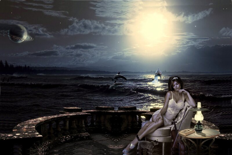 Woman on Balcony at Night — Dark Blue