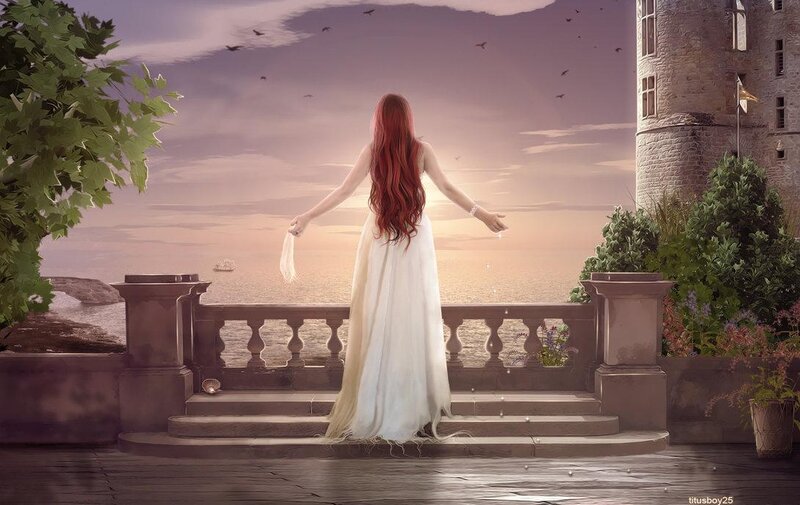 Woman on balcony at sunset