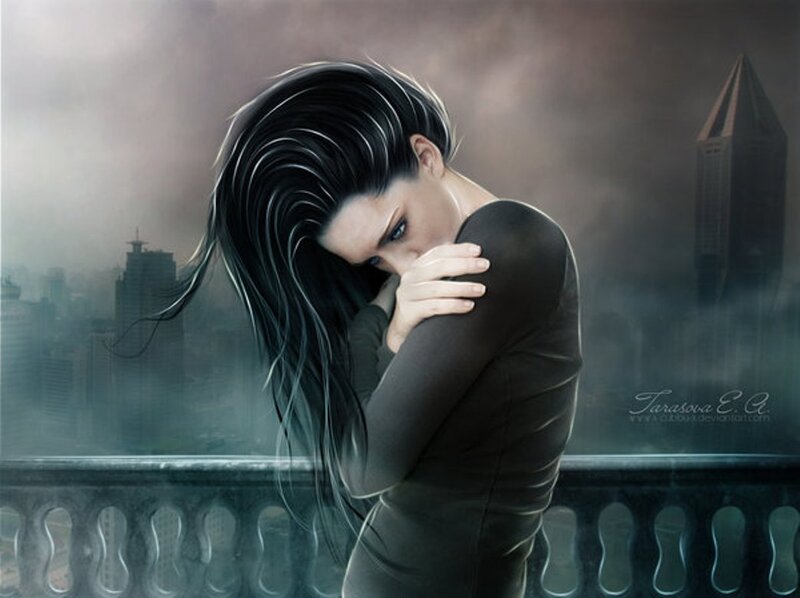 Woman on Balcony — Black, Dramatic, Night