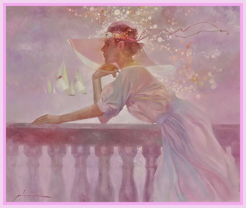 Woman on Balcony — Pink, Serene