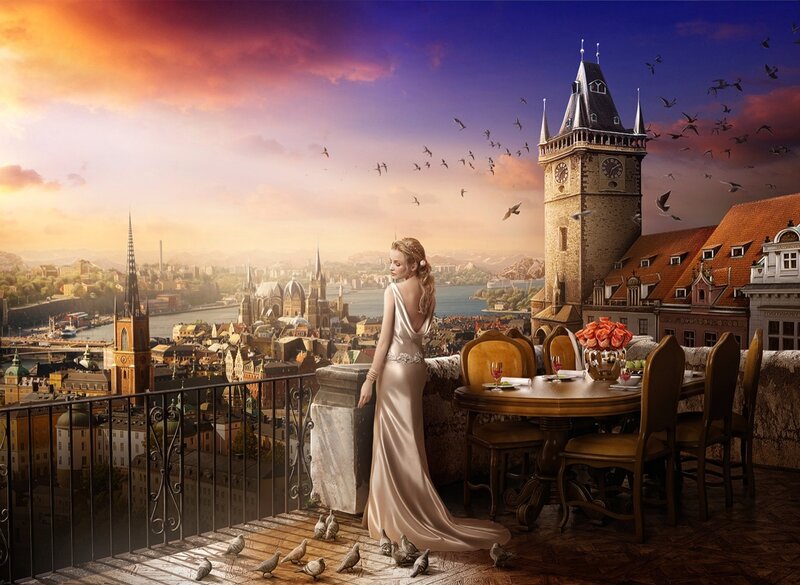 Woman on Balcony — Purple, Dramatic
