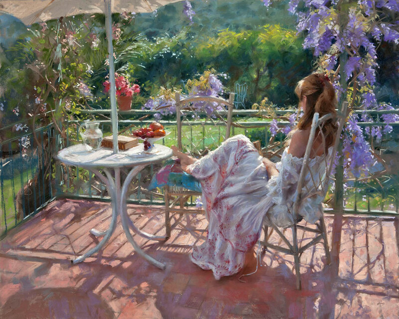 Woman on Balcony — White, Serene, Afternoon, Painting