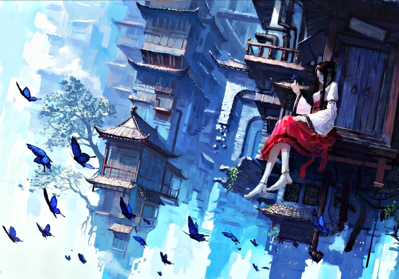 Woman on Balcony with Butterflies