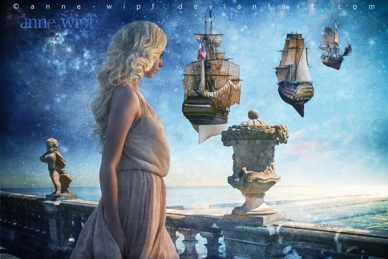 Woman on Balcony with Ships