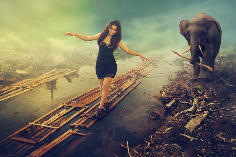Woman on Bamboo Raft — Green, Dramatic