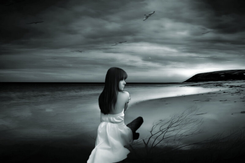 Woman on Beach at Dusk — Black