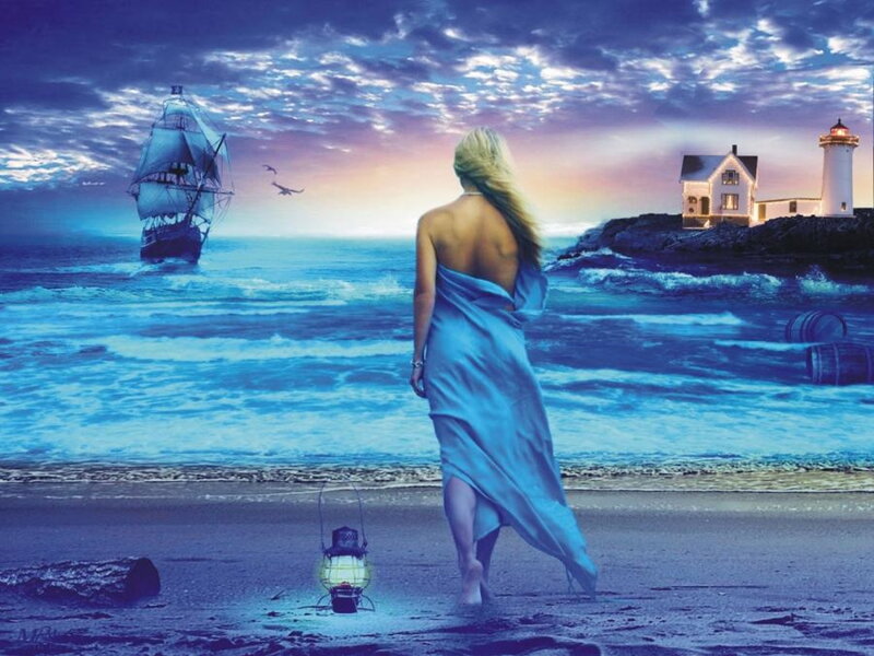 Woman on Beach at Dusk — Blue, Dramatic, Sunset, Digital Art, Ship