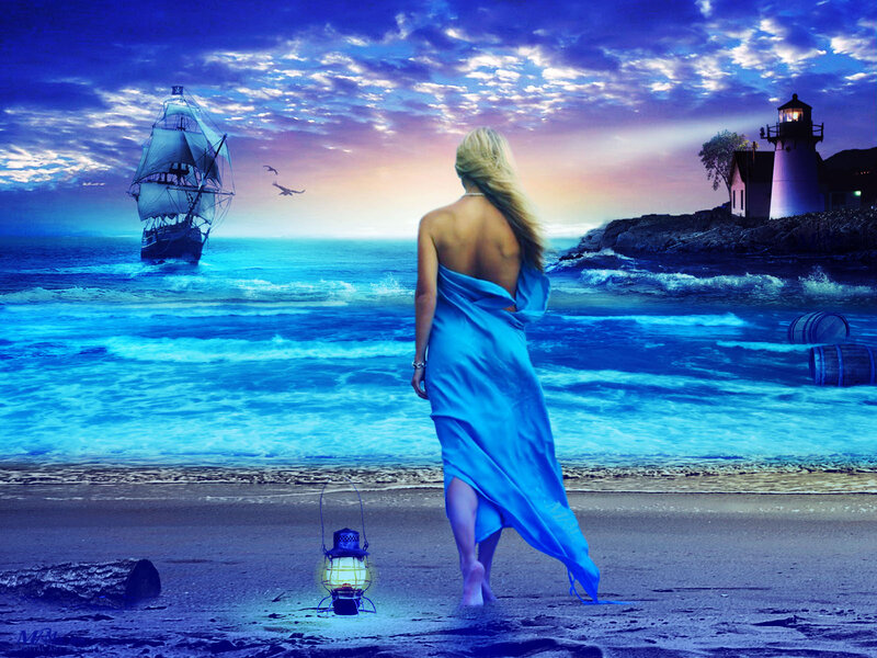 Woman on Beach at Dusk — Blue, Dramatic