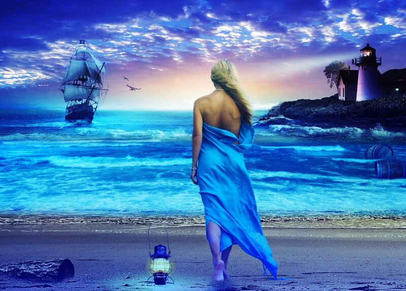 Woman on Beach at Dusk — Blue