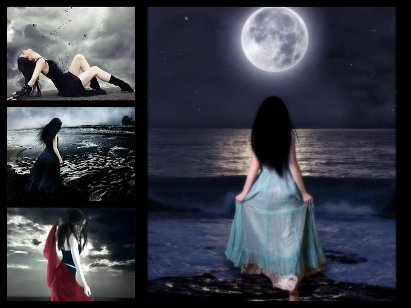Woman on Beach at Night — Black, Dramatic