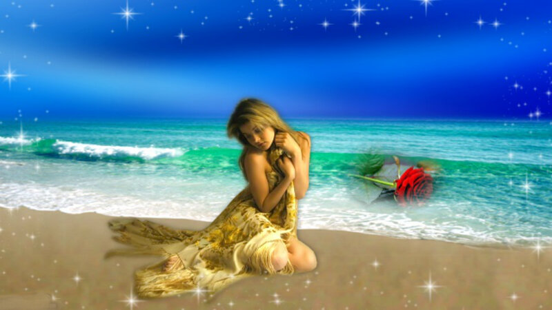 Woman on Beach at Night — Blue, Dreamy, Digital Art, Ocean