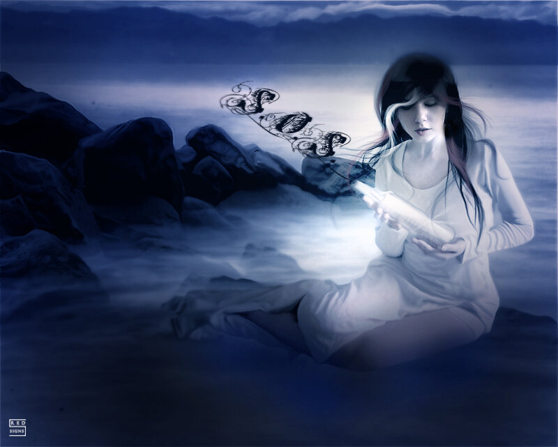 Woman on Beach at Night — Blue, Dreamy, Digital Art, Rocks