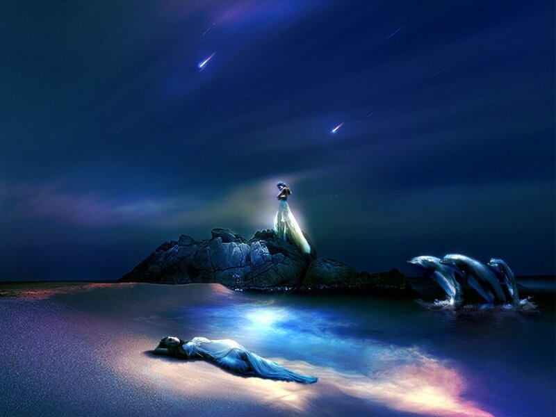Woman on Beach at Night — Blue, Dreamy