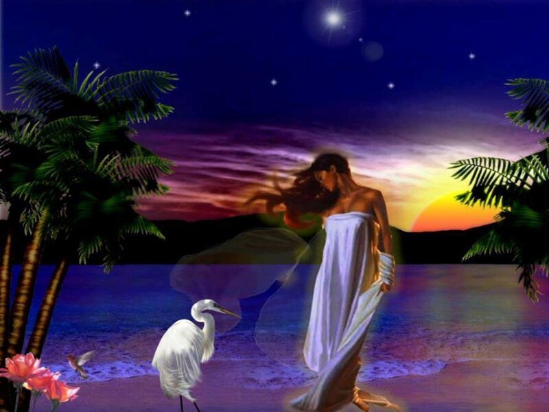 Woman on Beach at Night — Blue, Serene