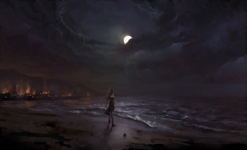 Woman on Beach at Night — Dark Blue