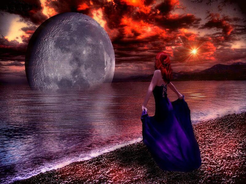 Woman on Beach at Night — Purple, Dramatic