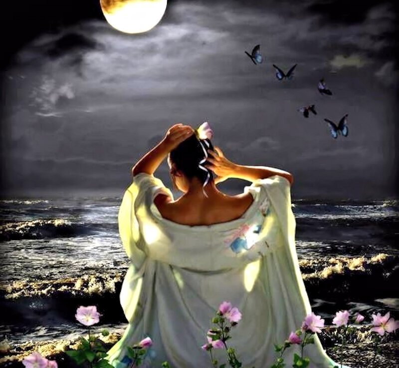 Woman on Beach at Night — White, Serene