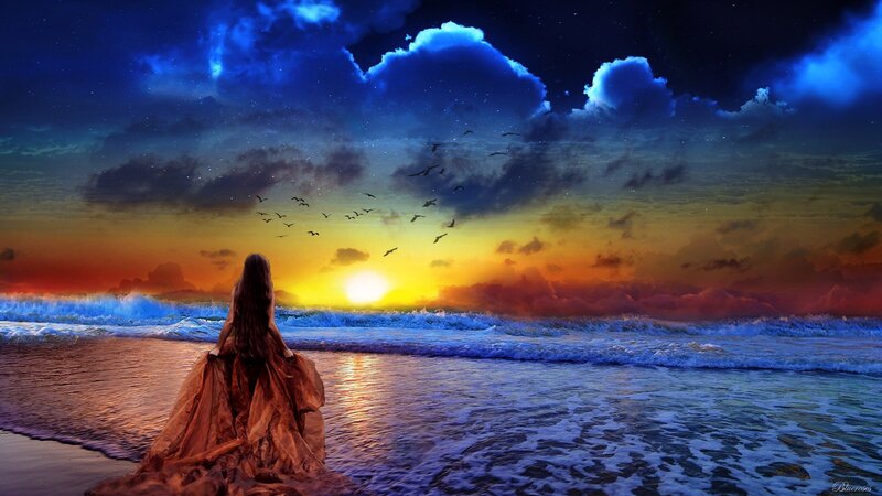 Woman on Beach at Sunset — Blue, Dramatic, Digital Art, Ocean