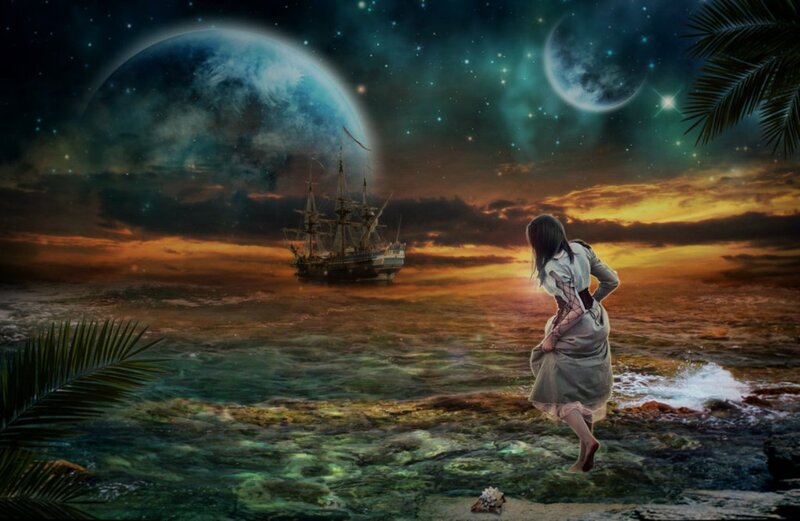 Woman on Beach at Sunset — Blue, Dramatic, Digital Art, Ship