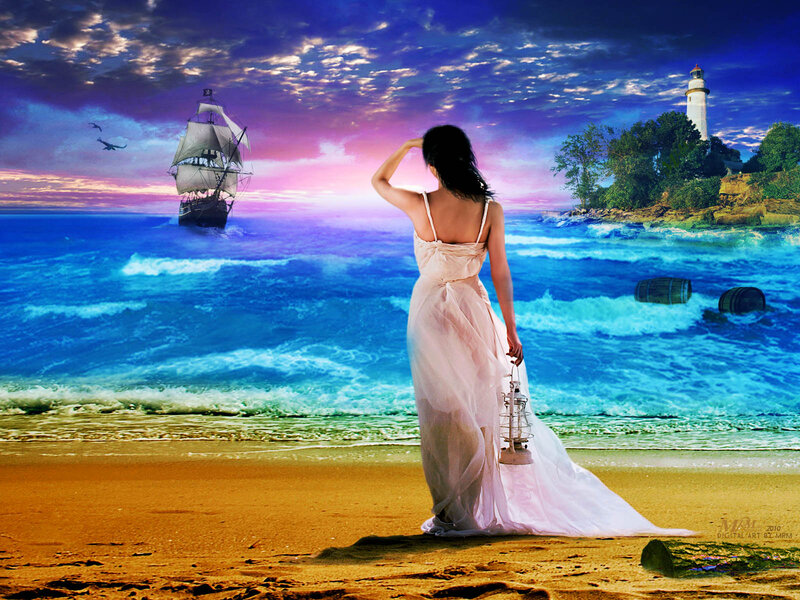 Woman on Beach at Sunset — Blue, Dramatic, Digital Art