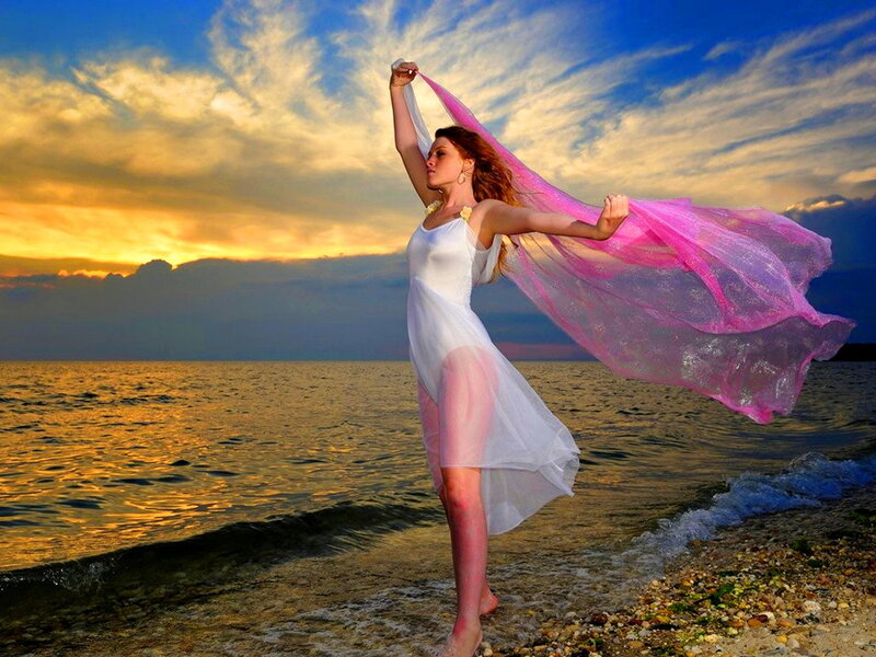 Woman on Beach at Sunset — Blue, Dramatic, Photograph