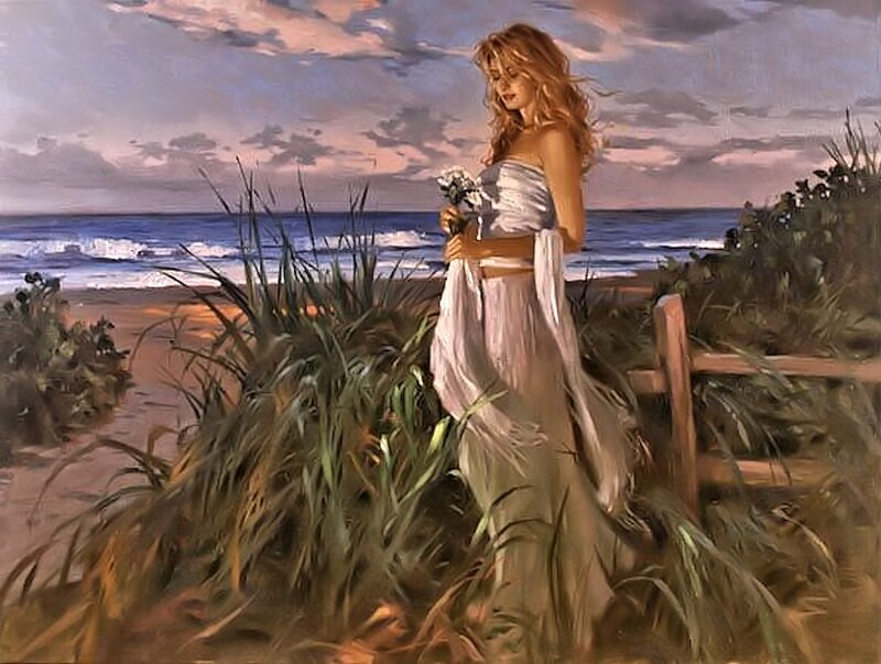 Woman on Beach at Sunset — Blue, Serene, Painting, Ocean
