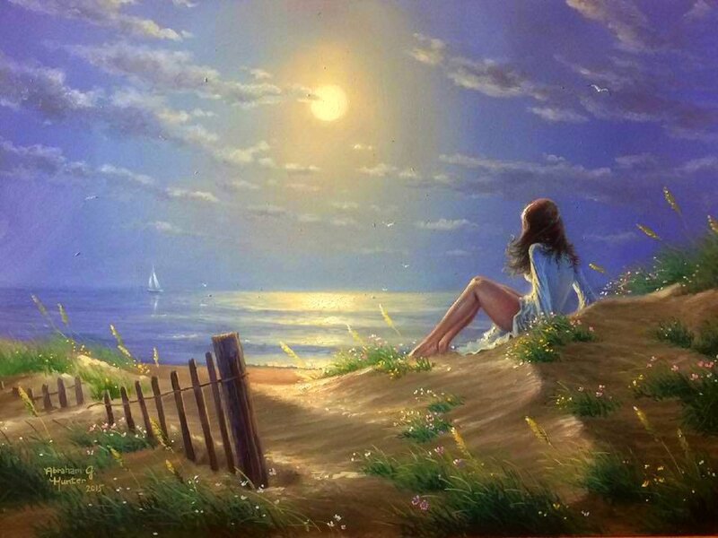 Woman on Beach at Sunset — Blue, Serene, Painting, Sailboat
