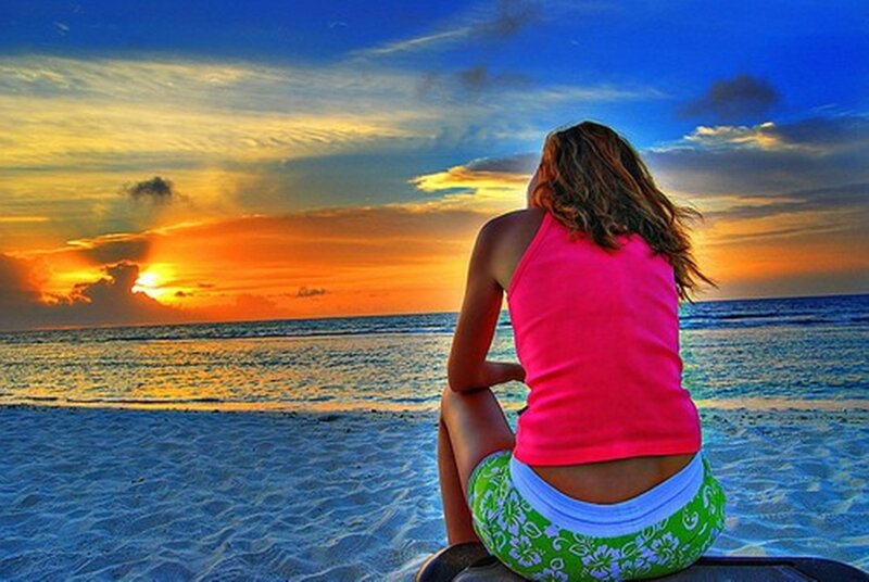Woman on Beach at Sunset — Blue, Serene, Photograph