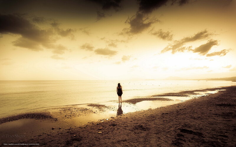 Woman on Beach at Sunset — Gold, Serene, Photograph