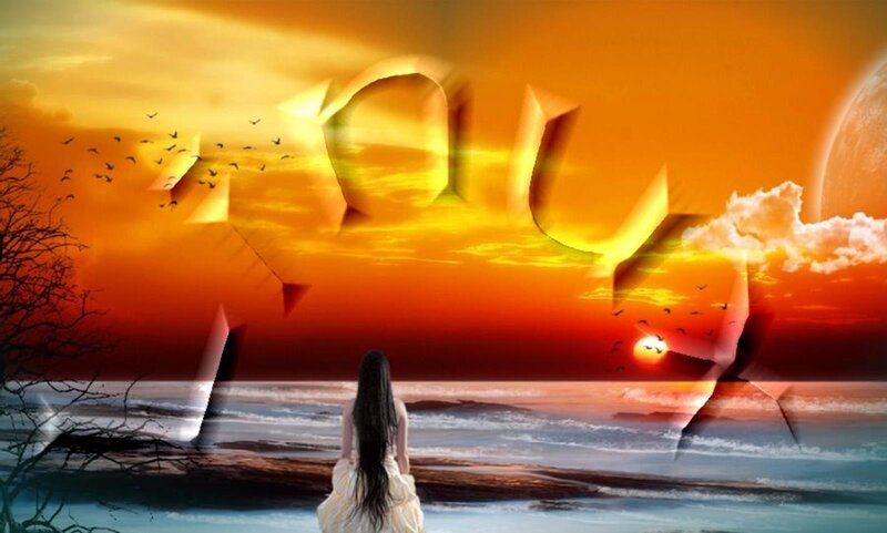 Woman on Beach at Sunset — Orange, Dramatic, Digital Art, Birds