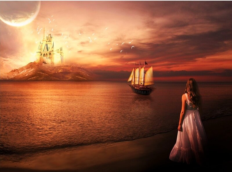 Woman on Beach at Sunset — Orange, Dramatic, Digital Art, Castle