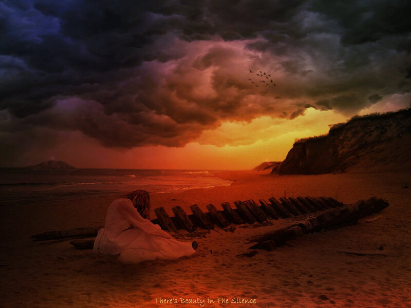 Woman on Beach at Sunset — Orange, Dramatic, Digital Art, Clouds