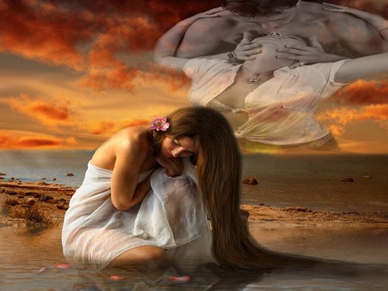 Woman on Beach at Sunset — Orange, Dramatic, Digital Art, Couple